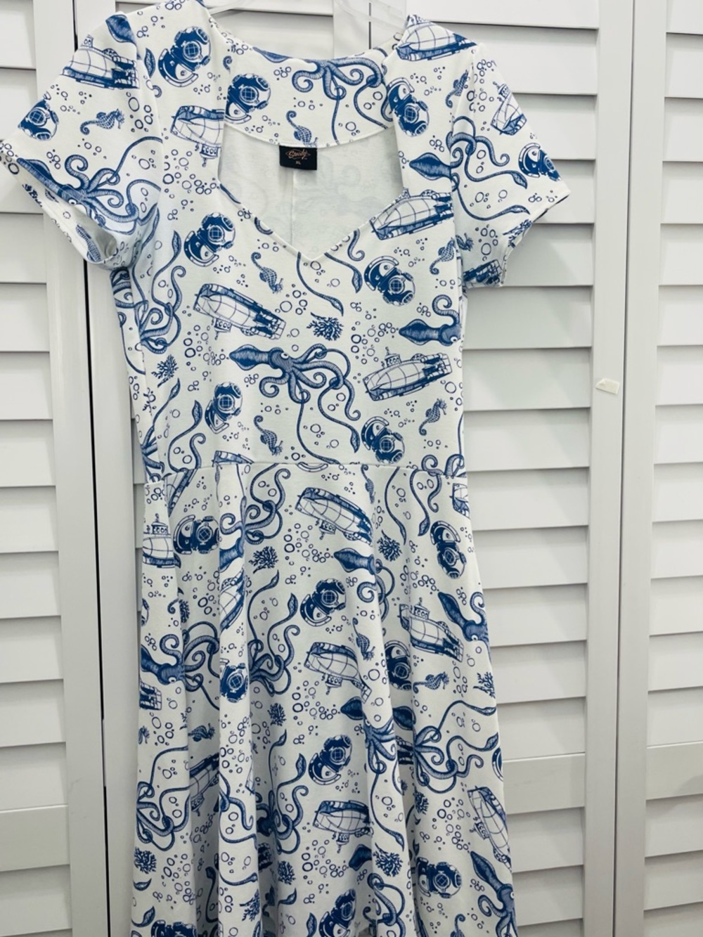 RockSteady White Midi Dress with Blue Nautical Octopus Print